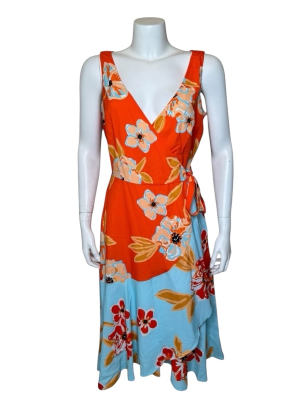 Eshakti Floral Print Crepe Wrap Dress L 12 Midi Sundress Pockets Sleeveless